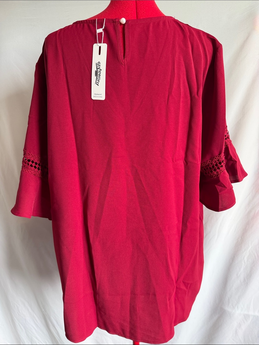 V-Neck Crochet-Sleeve Tunic Top - Deep Berry - Picture 3 of 5